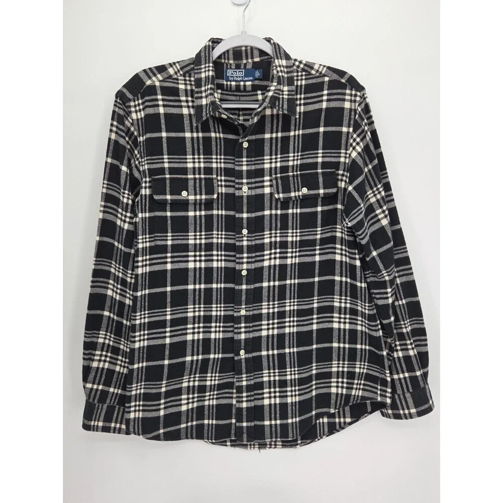 Polo Ralph Lauren Mens Large Black Cream Plaid Flannel Shirt Button Down Pocket